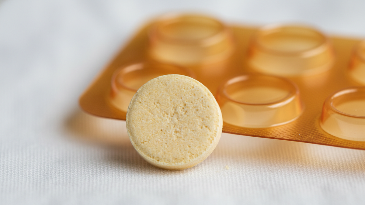 A single white round orally disintegrating tablet (ODT) on a clean white background