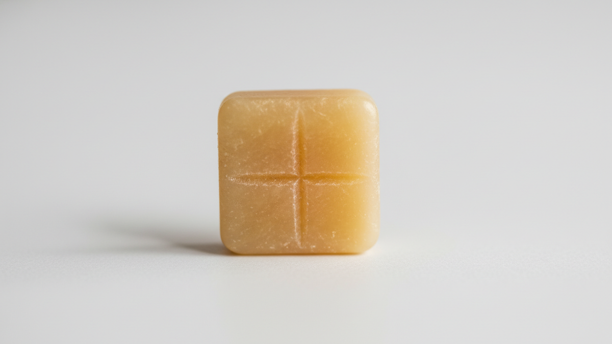 A single amber-yellow waxy lozenge-shaped compounded ketamine troche on a clean white background